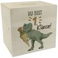 speecheese Spardose Dino mit Schultüte Spardose aus Holz mit Spruch Du bist 1. Klasse!