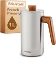 Cosumy French Press aus Edelstahl und FSC Holz - 1 Liter - Doppelwandige Thermo Isolierung - Große Kaffebereiter mit 2 Ersatzfiltern