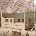 Crazy Pine Hausbett mit Schubladen 190x100 cm – Kinderbett aus Naturholz – Bodenbett mit Stauraum und Abnehmbarer Barriere - Crazy House - Naturbelassen