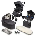 BABYGO Kinderwagen 3 in 1 Styles - Sportaufsatz und Wanne jeweils separat und Auto-Babyschale - Wickeltasche/Regenschutz/Matratze - Schwarz