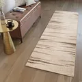TAPISO Sari Teppich Läufer Flur Meterware Beige Braun Gestreift Modern Kurzflor Küche Wohnzimmer Brücke nach Maß Küchenläufer ÖKOTEX 70 x 130 cm