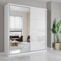 Schwebetürenschrank Kleiderschrank Schrank 203 cm Weiß/Weiß semigloss mit Spiegel und Zierleisten Pola 35