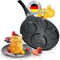 endusor Pancake Pfanne Kinder mit Smiley - Spiegeleipfanne Motiv Ø26cm mit 3-Lagen Antihaftbeschichtung | Induktion Ceran Gas Elektro | 4x mini Form Maker Eierpfanne Pancakes Spiegelei Poffertjes