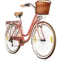 Bergsteiger Marseille 26 Zoll 28 Zoll Damenfahrrad, ab 150 cm, Korb aus Rattan, Fahrrad-Licht, Damen-Citybike, Damenrad im Retro-Design, 6 Gang Shi... - Rosa