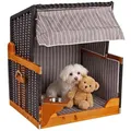 MR. DEKO Hundestrandkorb Wacholder PE Schwarz Grau Gestreift | Hunde-Strandkorb Polyrattan Wetterfest | Tierstrandkorb Katzenkorb Luxus-Hundebett | Outdoor-Hundesofa Liegeplatz | Hundehütte Futternapf