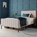Flieks Polsterbett 90x200cm Einzelbett mit Lattenrost, Massivholzbett Jugendbett mit Verstellbarem Kopfteil, Gästebett Leinenstoff, Grau-Beige