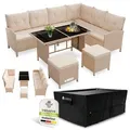 Juskys Polyrattan Lounge Manacor - Sofa, Tisch, Hocker & Kissen inkl. Abdeckung - Creme & Sand - Beige