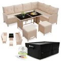 Juskys® Polyrattan Lounge Manacor mit Ecksofa, Esstisch, 2 Hocker & Kissen inkl. Abdeckung - wetterfest bis 7 Personen - Bezüge waschbar - Rattan Garten Sitzgruppe Gartenmöbel Set - Creme/Sand