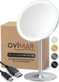 ovimar Kosmetikspiegel Bogo silber | mit Beleuchtung | wiederaufladbar | freistehend | im Badezimmer | 5fach Vergrößerungsspiegel | Schminkspiegel mit Licht | 360 Grad Spiegel
