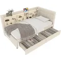 Stauraumbett mit Schubladen, Lattenrost, Regal, USB und Type-C Anschluss, 90x200 cm, Einzelbett, Polsterbett, Leinen - Beige