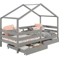 Hausbett ENA aus massiver Kiefer, schönes Montessoribett in 90 x 200 cm, Kinderbett mit Rausfallschutz, stabiles Spielbet mit Dach und 2 Schublade... - Grau