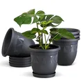 Plastard Blumentöpfe 5er Set 35 cm Durchmesser Anthrazit runder Pflanzkübel mit Untersetzer aus Kunststoff witterungsbeständiger Übertopf großer Blumentopf
