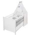 roba Babybett Set Jumbotwins - 70 x 140 cm - Kinderbett mitwachsend / umbaubar - Komplett inkl. Bettwäsche, Himmel, Matratze - Höhenverstellbar - Holz weiß