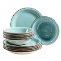 MÄSER Bel Tempo II Teller-Set für 6 Personen im modernen Vintage Look, 12-teiliges Tafelservice, handbemalt, Türkis, Steingut, 27 centimeters