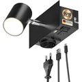 ledscom.de Wandspot WAIKA, 1-flammig, schwarz, Steckdose, USB-C, USB-A, inkl. LED GU10 Lampe, 3-Stufen-Dimmer, 500lm, warmweiß
