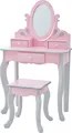 Teamson Kids Princess Rapunzel 2-tlg. Waschtisch-Set aus Holz mit drei Schubladen, drehbarem ovalem Spiegel und passendem Hocker, rosa/grau