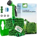Fepro® Flexibler Gartenschlauch mit 7 Funktion 15m basic, Wasserschlauch flexibel mit 3-Fach Latexkern inkl. Adapter für 1/2' 3/4' Zoll und Wandhalterung, dehnbarer flexiSchlauch