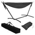 ML-Design Doppel Hängematte mit Stahlgestell, Dunkelgrau, Platz für 2 Personen, Indoor & Outdoor, XXL Hängesessel mit Tragetasche, Hängemattengestell, Doppelhängematte mit Ständer, für Garten & Balkon