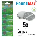 5 x CR1632 PoundMax Knopfbatterie CR 1632 Lithium 3 Volt 850 mAh 5er-Blister