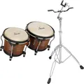 XDrum Bongos Pro Tobacco - 2 Trommeln mit 6,5" (17 cm) und 7,5" (20 cm) Durchmesser - Bongotrommeln mit stimmbaren Naturfellen, Stimmschlüssel und Ständer - Holztrommeln Braun