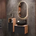 Planetmöbel Waschtischunterschrank Astra 60 cm Gold Eiche/Anthrazit mit schwarzem Waschbecken, LED-Spiegel und Midischrank