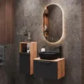 Planetmöbel Astra Badmöbel Set mit Waschtisch 60 cm mit 1x Midischrank Gold Eiche Anthrazit, Aufsatzwaschbecken 42 cm schwarz, Spiegel (mit LED) 50cm