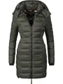 MARIKOO Damen langer Wintermantel warmer Steppmantel mit abnehmbarer Kapuze Abendsternchen Grün Gr. L