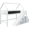 Kinderbett mit Graffiti-fähige Tafel Rutsche Treppe und Schränken Multifunktionales Hausbett Jugendbett ohne Matratze 90*200cm Weiß