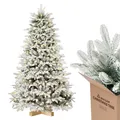 Salcar 180 cm Künstlicher Weihnachtsbaum mit Beleuchtung Weiß Schneeflocken, LED Tannenbaum mit Schnee und Echtholz Baumständer