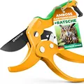 GRÜNTEK Amboss Ratschen Gartenschere UHU 205 mm, bequeme praktische Baumschere mit automatischer Ratschenfunktion, ergonomische Griff-Form, SK5 Klinge 50 mm, Schnellverschluss