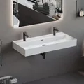 Aqua Bagno Doppelwaschtisch 100 cm weiß – modernes Doppelwaschbecken aus Keramik mit zwei Hahnlochbohrungen, rechteckiger Waschtisch fürs Badezimmer, pflegeleicht, robust und zur Wandmontage geeignet