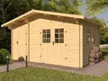 WOODTEX Naturbelassen 3x3 Meter Gartenhaus Blockbohlenhaus Keiko 34 mm, Fichte Massivholz, Doppelstabmatten Schloss, Dachpappe, Gartenhaus Holz