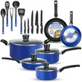 SereneLife Töpfe und Pfannen Set, Kochgeschirr Set 20-Teilig, Antihaft Cookware Set Inkl. Topfset, Pfannenset & Küchenzubehör, für Gas, Elektro & Keramik, PFOA/PFOS frei, Spülmaschinenfest, Blau