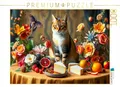CALVENDO Puzzle Katze auf Tisch mit Blumen und Obst im Stil der Alten Meister | 1000 Teile Lege-Größe 64 x 48 cm Foto-Puzzle für glückliche Stunden