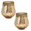 Vintage Kerzengläser Windlichter gold - 2 Moderne Windlichtgläser in 14 cm als Kerzenständer Laterne Teelichthalter - Boho Kerzenhalter Teelichtglas als Hochzeit Tisch-Deko Balkon Garten Deko
