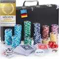 Profi Pokerkoffer Set Schwarz mit 300 schweren Pokerchips (12g Metallkern) inkl. Pokerkarten, Dealer-Button & Casino Würfel für Texas Holdem