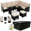 Juskys Polyrattan Lounge Manacor – Gartenlounge Mit Sofa, Tisch, 2 Hocker & Kissen – Gartenmöbel Set Bis 8 Personen – Schwarz, Sitzbezüge In Creme