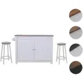 Kücheninsel HWC-P61 mit 2 Sitzhockern, Küchenschrank Schublade Staufächer MDF 90x120x45cm ~ weiß, dunkles Holz