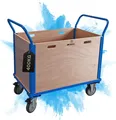 Profi Plattformwagen mit abnehmbaren Holzwänden | HxBxT 102x113x60 cm | Traglast 400 kg | Vollgummibereifung, 2x Lenkrollen mit Feststellbremse & 2x Bockrollen | Blau | Transportwagen Transporthilfe Handwagen