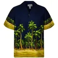 KY's Hawaiihemd Palmenwald Original Hawaiihemd mit 100% Kokosnuss-Knöpfen blau L