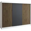 Schwebetürenschrank, 3-türig Schrank mit 4 Schubladen, und 3D-Lamellen. Verschiedene Farben (Weiß, Schwarz, Somona) Kleiderschrank IOSA 200 cm - Weiß/Schwarz