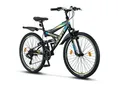 Licorne Bike Strong V Premium Mountainbike in 24 und 26 Zoll - Fahrrad für Jungen, Mädchen, Damen und Herren - Shimano 21 Gang-Schaltung - Vollfederung Farbe:Schwarz/Blau/Lime;Zoll:26