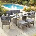 Poly Rattan Sitzgruppe Esstisch Lounge Gartenmöbel Sitzgarnitur Garten-Garnitur Set 1x Tisch + 2x Stühle + 1x Sitzbank + 2x Hocker - grau - Grau
