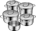 WMF Topf-Set Mini, Cromargan® Edelstahl Rostfrei 18/10 (Set, 9-tlg., Kochtopf 12 + 14 cm, Bratentopf 14 + 16 cm, Stielkasserolle 14 cm), hochwertige Edelstahldeckel, platzsparende Aufbewahrung, Schüttrand