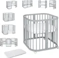 Mobiles Babybett aus Holz 7in1 mit Matratze, mitwachsend,Ohne Stoffset,Holz grau