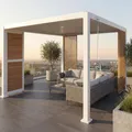 Pergola HWC-P65 mit 1x Lamellenwand und 2x Seitenwand, Lamellen-Pavillon, 10cm-Alu-Gestell 3x3m Holzoptik weiß