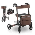 Juskys Rollator Vital braun - Gehhilfe faltbar & leicht aus Aluminium bis 130 kg - Laufhilfe höhenverstellbar mit Sitz, Tasche & Regenschirmhalterung