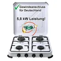 Bluecraft Campingkocher 4 flammig Gaskocher mit 5,8 kW Leistung für Gasflaschen Vierfach Gasherd mit Zubehör Manometer Gasregler 50 mbar Gasschlauch für Camping Outdoor Freizeit