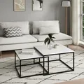 Couchtisch 2er Set aus Holz Wohnzimmertisch Modern in Beistelltisch Set 2 in 1 mit Metallgestell für Wohnzimmer, quadratisch, weiß