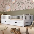 Crazy Pine Kinderbett mit Schublade 90x200cm – Massives Montessori Bodenbett aus Holz in Weiß mit Rausfallschutz – Sicheres Kleinkindbett – Skandinavisches Design Leichte Montage - Crazy Basic